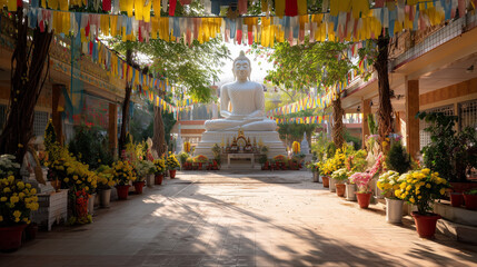 Fototapeta premium Visak Bochea, a large Buddha statue surrounded by devotees meditating and lighting incense under the morning sun, ai generated images.