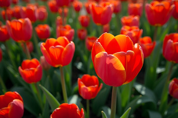 Obraz premium Vibrant Red Tulips in Full Bloom, A Captivating Overhead View of Nature's Beauty and a Springtime Floral Display Featuring Bright Colors and Graceful Shapes