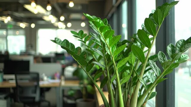 Bright Green ZZ Plant Thriving in Modern Office Environment with Natural Light and Workstations in Background, Symbolizing Growth and Productivity
