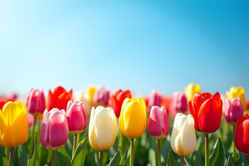 Vibrant Tulip Symphony, A Colorful Array of Blooms Under a Brilliant Blue Sky, Evoking Springtime Joy and Natural Beauty in Every Petal