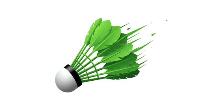 A green shuttlecock with a white base and black stripes isolated against a black background space style