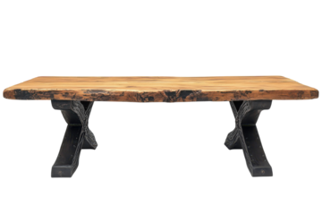 Rustic Live Edge Wood Coffee Table with Striking Black X Base Legs against a Black Background on transparent background