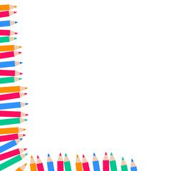 Colorful pencils arranged as a frame border on white background. Ideal for school posters, art templates, creative projects, or educational decoration designs.