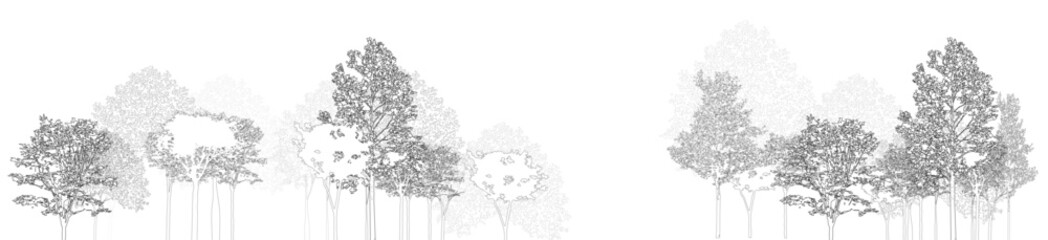 Architectural Drawings, Minimal style cad tree line drawing, Side view, set of section wetland forest outline for landscape design drawing. Vector illustration