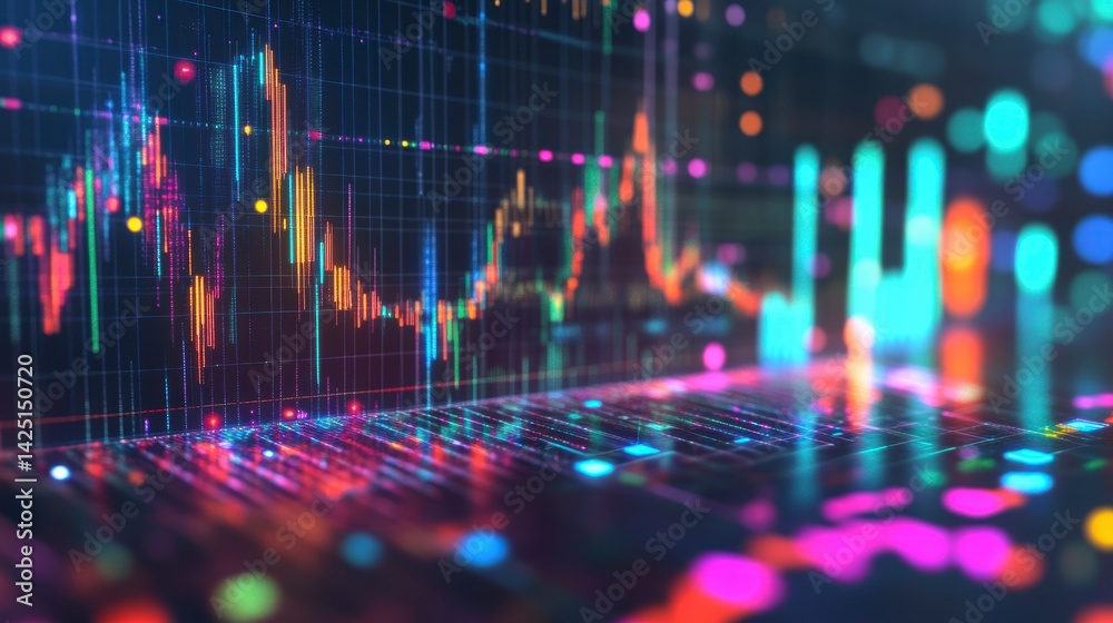 Aufkleber Abstract colorful data visualization with glowing lines and points representing stock market data or financial analysis.