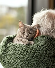 Fototapeta na wymiar Joyful adopting pets in retirement to enhance well-being, heartwarming adopting pets in retirement for emotional connection. Cozy embrace with a cat and an elderly person.