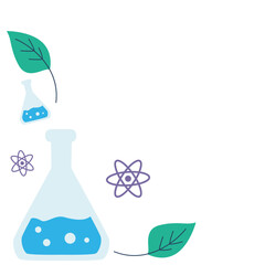 Flat science illustration with flasks, atom icons, and leaves. Ideal for educational materials, chemistry lessons, biology topics, and eco-friendly science content visuals.