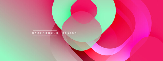Abstract background features overlapping translucent circles. Colors blend from pinks, reds to mint greens. Modern design evokes fluidity, dynamism, soft gradients.