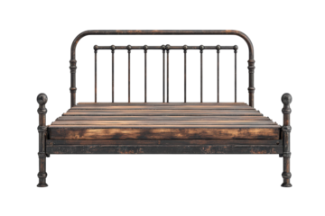 Rustic antique iron bed frame with distressed wooden slats isolated on black background vintage on transparent background