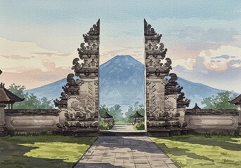 Balinese Gate Leading to Mountain Watercolor Painting Style Artwork