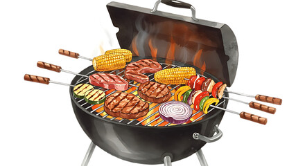 Grilling Meat and Vegetables on Barbecue Grill with Flames