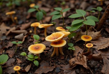 Vibrant orange mushrooms growing on forest floor  