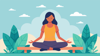 A woman sitting on a bench palms facing up to the sky as she practices mindful breathing and relaxation techniques.. Vector illustration