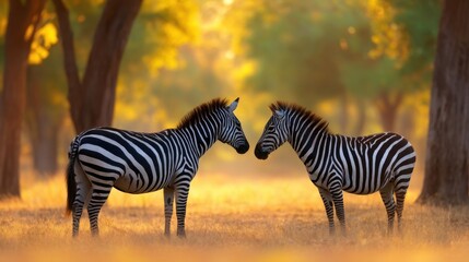 Two zebras standing closely in a sunlit savanna, surrounded by golden grass and trees