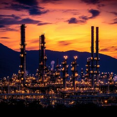 Illuminated oil refinery silhouetted against a vibrant orange and purple sunset sky. Industrial landscape with complex piping and towering structures