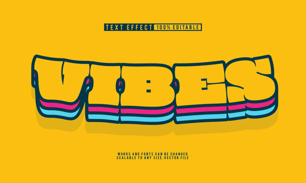 Editable retro vibes text effect with colorful vintage vector style.