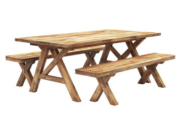 Rustic Wooden Picnic Table Set perfect for outdoor dining featuring two benches and a long on transparent background