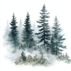 Fototapeta premium serene forest scene featuring tall evergreen trees shrouded mist, evoking tranquility and peace