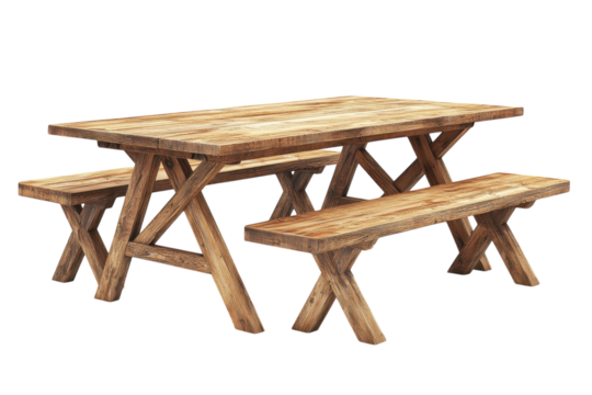 Rustic Wooden Picnic Table Set perfect for outdoor dining featuring two benches and a long on transparent background
