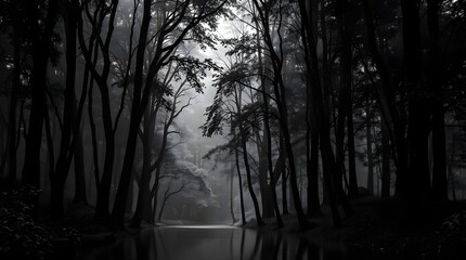 fog in the forest, Black and white photo of a primeval forest