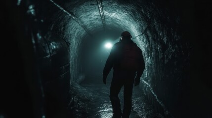 Miner Wearing Yellow Hard Hat with Headlamp in Underground Mine