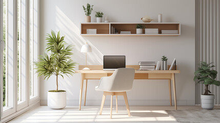 Cozy work place office area, laptop, desk, chair, minimal decoration, work from home.
