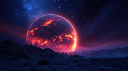 A vibrant, fiery planet looms over a dark, alien landscape under a starry sky