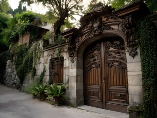 Fototapeta premium Ornate Wooden Gate, Stone Wall, Ivy - Dark and Moody Aesthetics