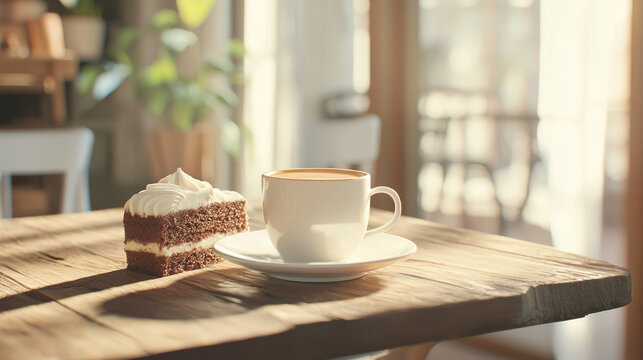 cozy cafe scene featuring coffee cup and slice of chocolate cake on wooden table, creating warm and inviting atmosphere