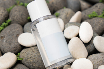 Showcase of skincare bottles on the stones