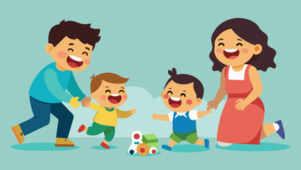 A couple laughs as they watch their twin toddlers run around happily playing with the toys they found at a childrens consignment sale.. Vector illustration