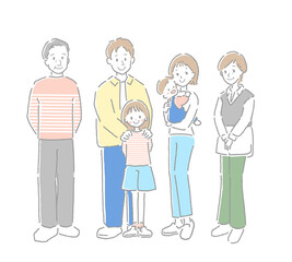 こちらに向かってほほえむ3世代家族の全身イラスト