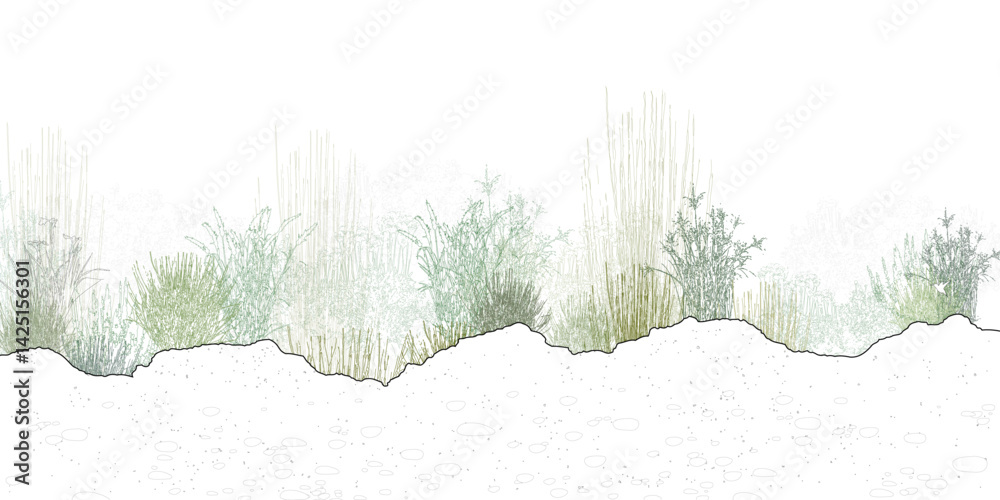 Poster architectural drawings, minimal style cad tree line drawing, side view, set of section mountian fore