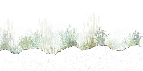 Architectural Drawings, Minimal style cad tree line drawing, Side view, set of section mountian forest outline symbol for landscape design drawing. Vector illustration in stroke fill in white. © feipco