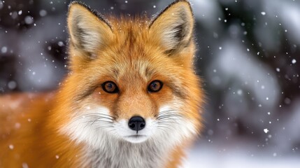 Obraz premium Close-up of a vibrant red fox in a snowy forest, showcasing its fur and alert expression
