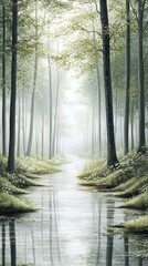Obraz premium A serene forest scene with a calm river reflecting the surrounding trees and mist.