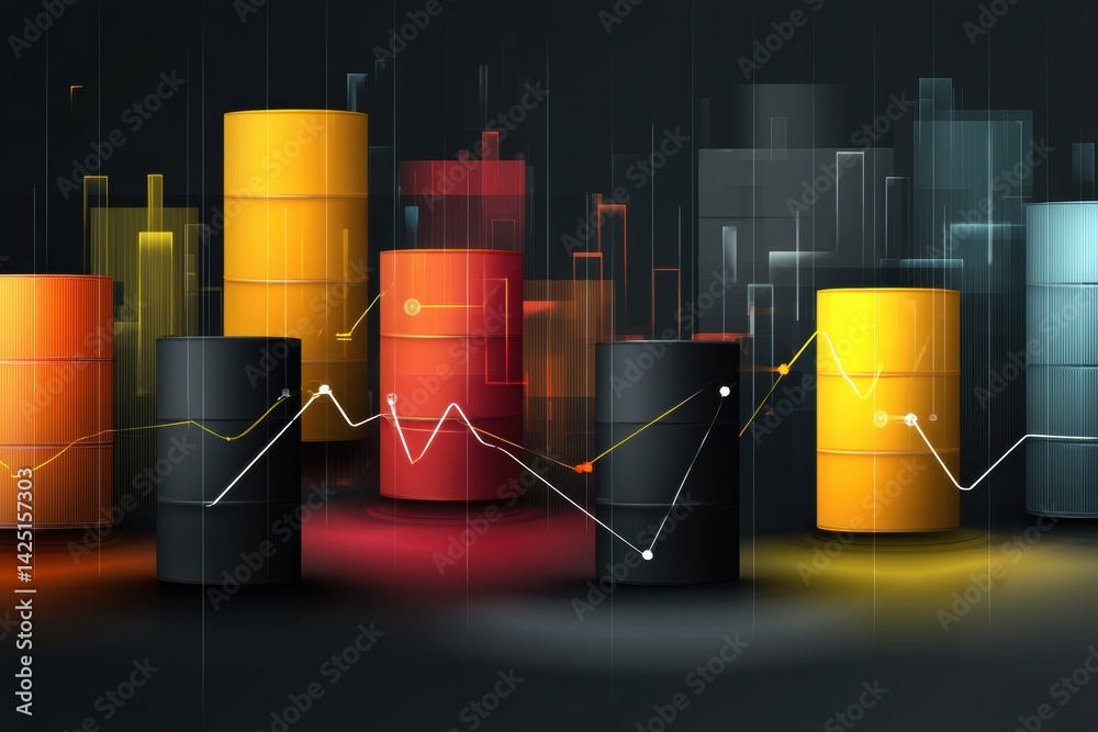 Aufkleber Abstract Representation of Oil Markets With Colorful Barrels and Dynamic Graphs Illustrating Trends in the Energy Sector