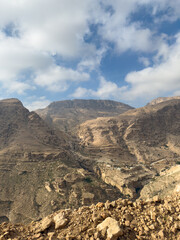 Scenic views on the mountain road from Fins to Wadi Ash Shab, Oman