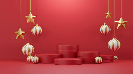 Red podiums with ornaments and stars suspended on a red background festive and celebratory atmosphere.