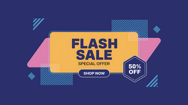 Flash sale promotion with geometric shapes a 50% off badge and call to action shop now on blue background.