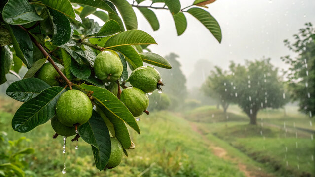 Lush guava branch glistening under a gentle rain, showcasing nature's bounty in a serene orchard setting.