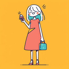 cheerful young woman holding cupcake, wearing stylish dress and carrying bag