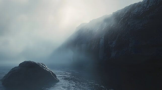 Misty Mountain Waterfall: A solitary rock sits in the foreground, partially obscured by mist, with a dramatic waterfall cascading down a sheer cliff face in the background. - Powered by Adobe