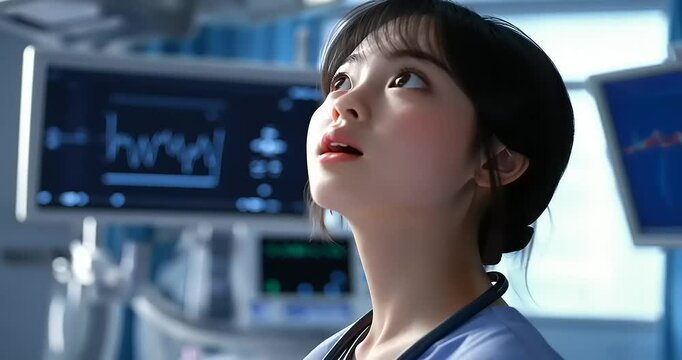 Nurse observing patient data in a modern hospital