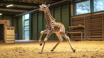 A baby giraffe learning to walk, its legs wobbly but determined, with its mother watching closely