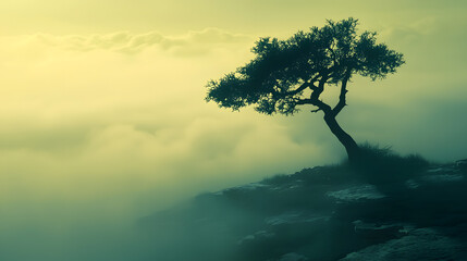 Lonely Tree on a Cliffside: A solitary tree stands majestically on the edge of a rugged cliff, its branches reaching towards a misty, ethereal sky. The scene evokes a sense of serenity, solitude.