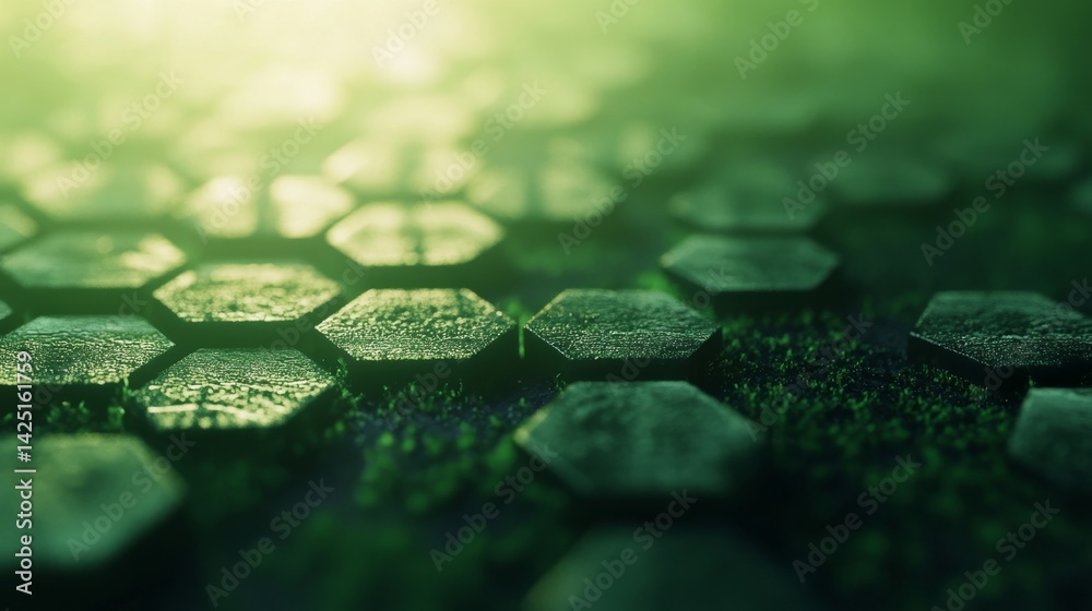 Poster hexagonal patterns in a green digital landscape technology abstract image virtual environment macro 