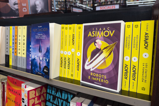 Guayaquil, Ecuador - April 17, 2025: Bookstore shelf with Isaac Asimov&rsquo;s science fiction books, highlighting the Foundation series in Spanish.