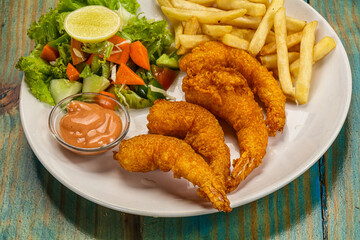 Golden fry prawns with french potato