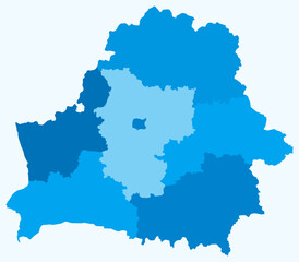 Fototapeta premium Map of Belarus with regions. A simple country border map with regional divisions. Light blue color palette. Plain Republic of Belarus shape with administrative division. Vector illustration.